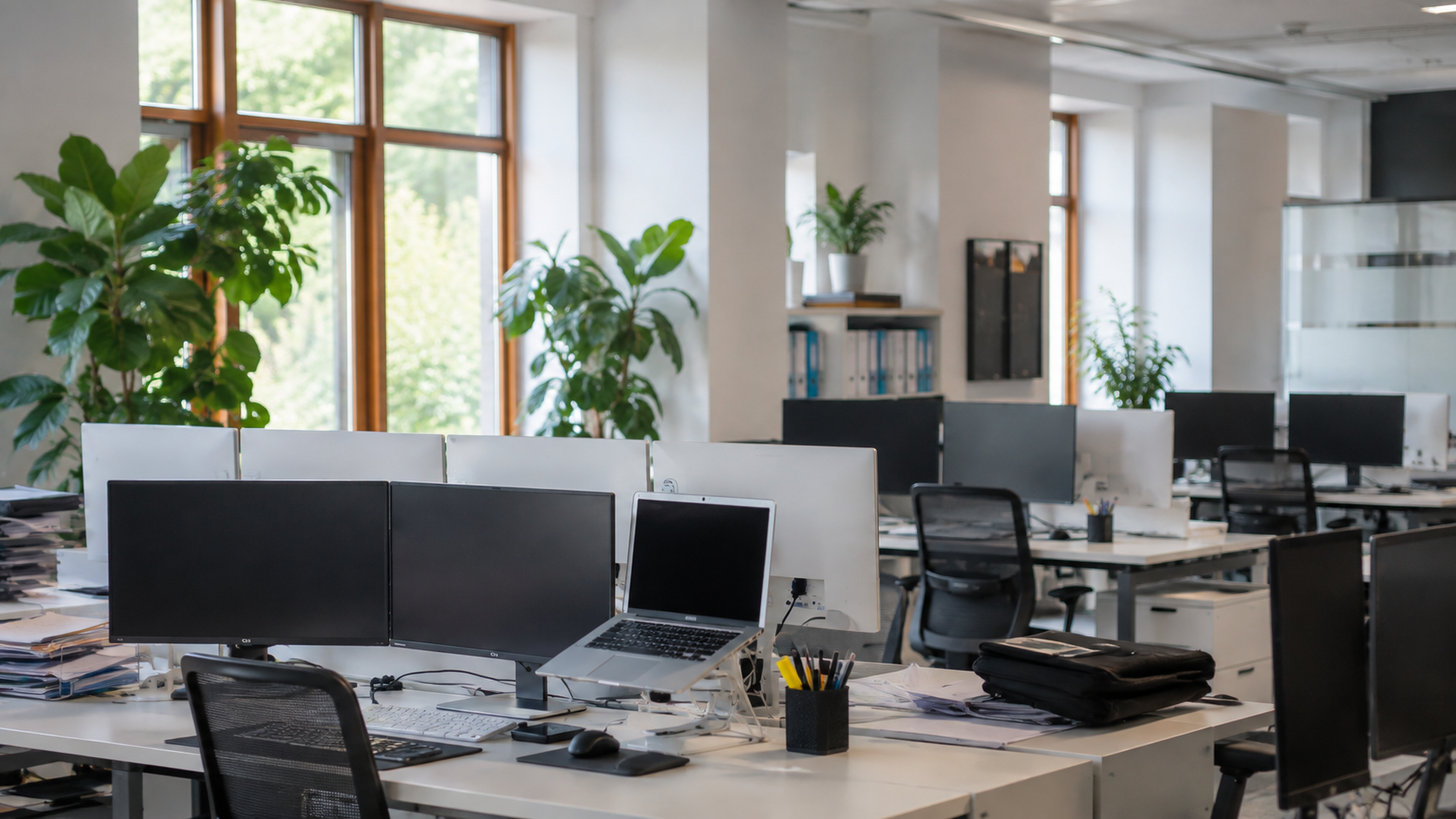 Oficina de GET Insurance Solutions con equipos de trabajo