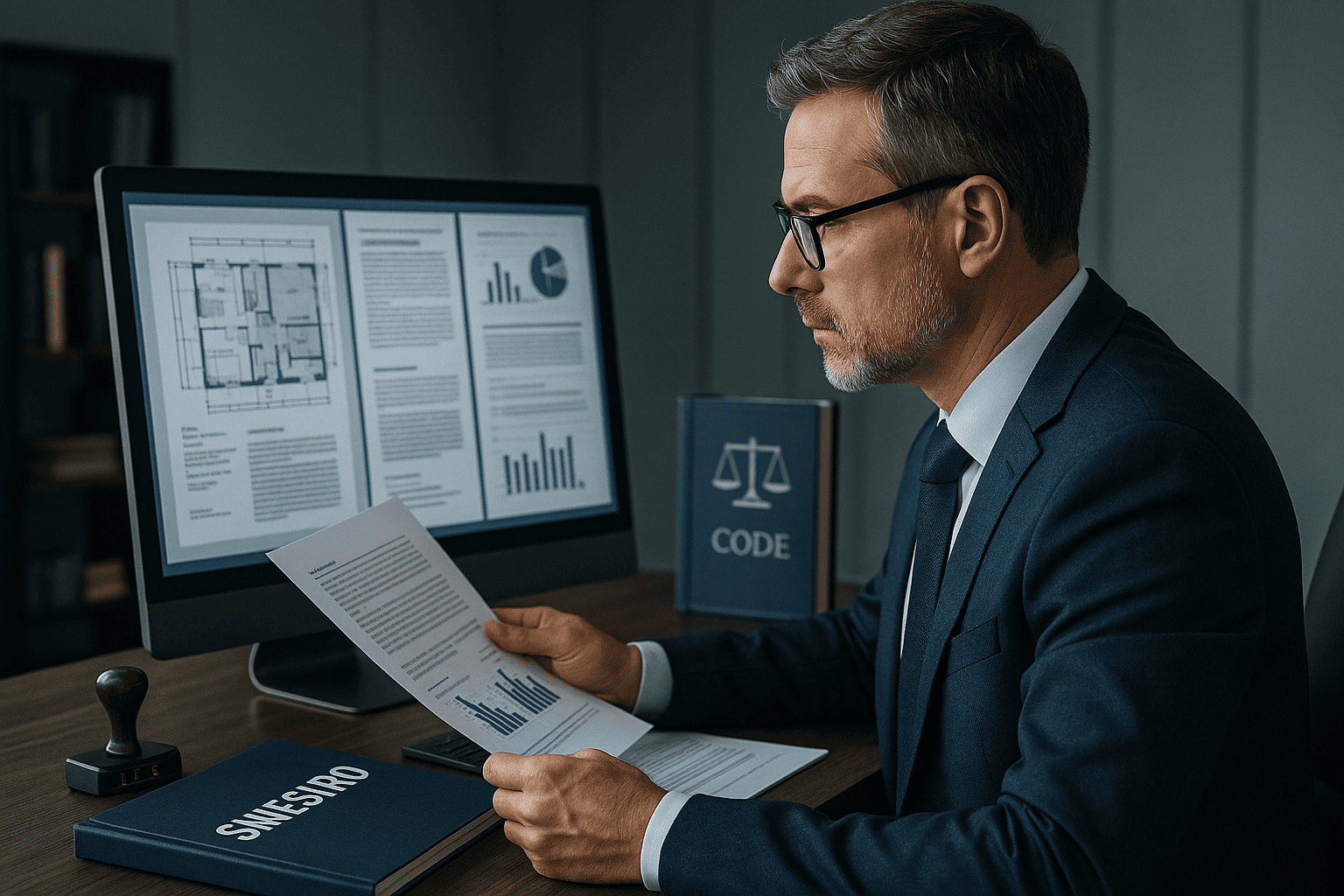 Profesional revisando informe pericial en ordenador